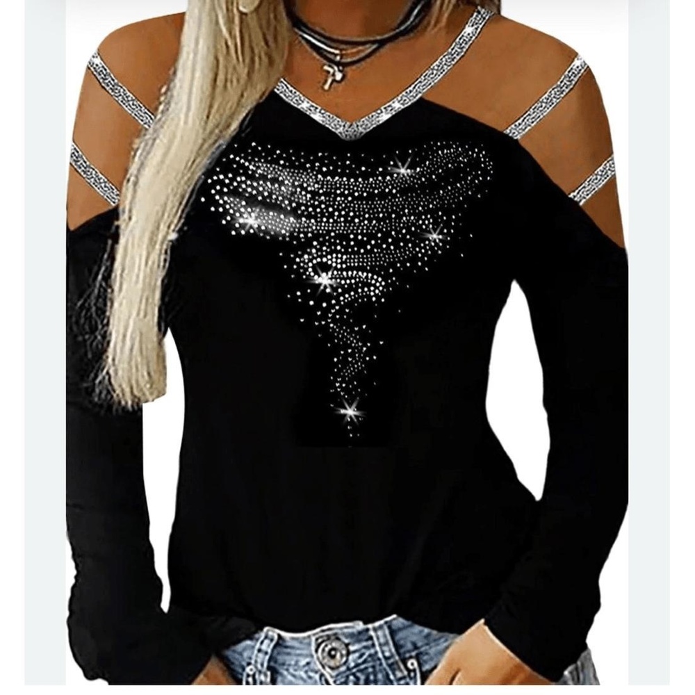 JustVH Women Black V-Neck Cold Shoulder Rhinestone Cutout Sexy Sparkly Size L‎